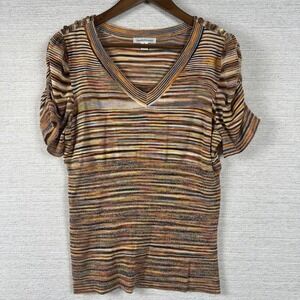 John Paul Richard Rouched XL Short Sleeve Striped Top Earthtone Retro 70's Boho